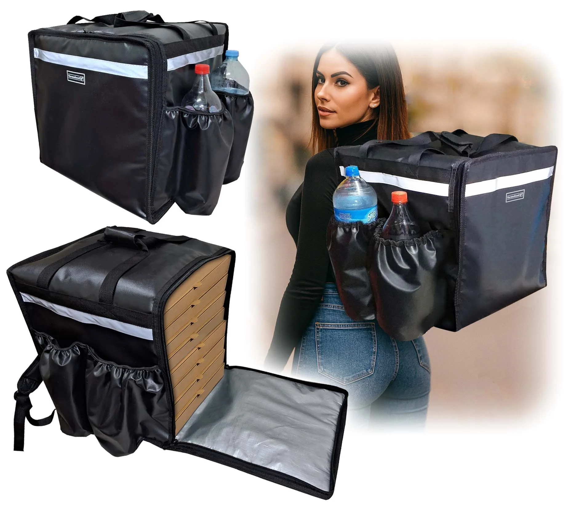 mochila termica delivery con botelleros reparto pizzas apps mensajeria bolso termico