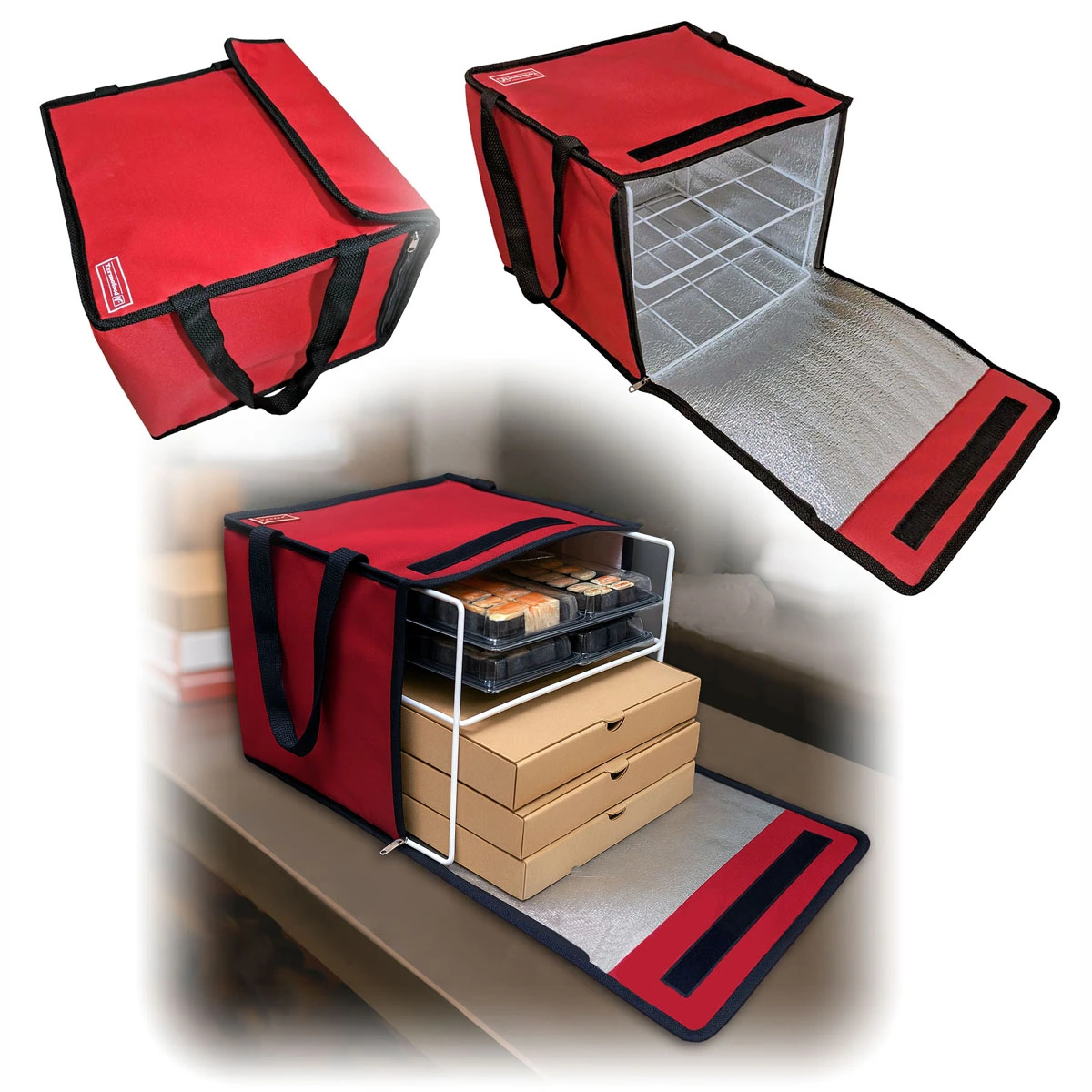 bolso termico delivery pizzas 6 cajas equipado con rejilla estructura parrilla delivery de viandas bebidas pizzas helado