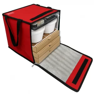 bolso termico delivery pizzas 8 cajas con rejilla metalica interior de tres compartimientos, viandas, hamburguesas, helado, sushi