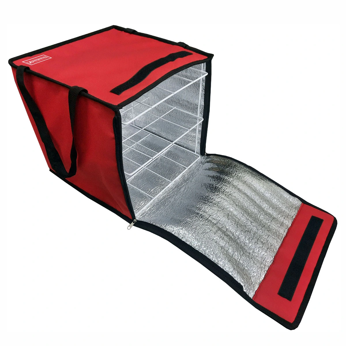 bolso termico delivery pizzas 8 cajas con rejilla metalica interior de tres compartimientos, viandas, hamburguesas, helado, sushi