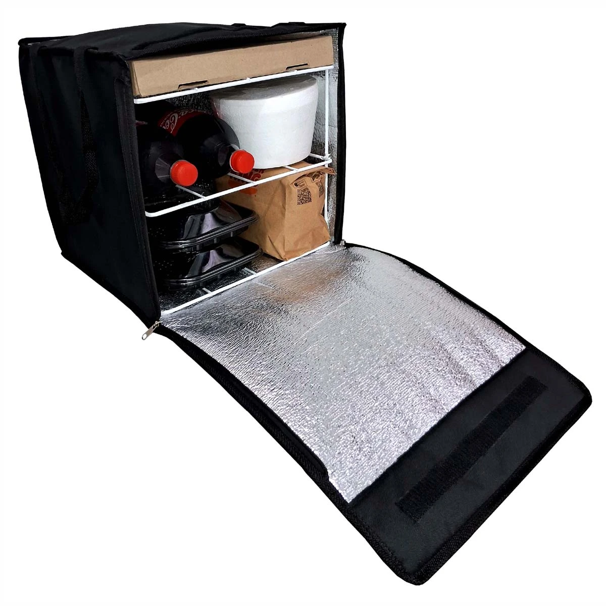 bolso termico delivery pizzas 8 cajas con rejilla metalica interior de tres compartimientos, viandas, hamburguesas, helado, sushi