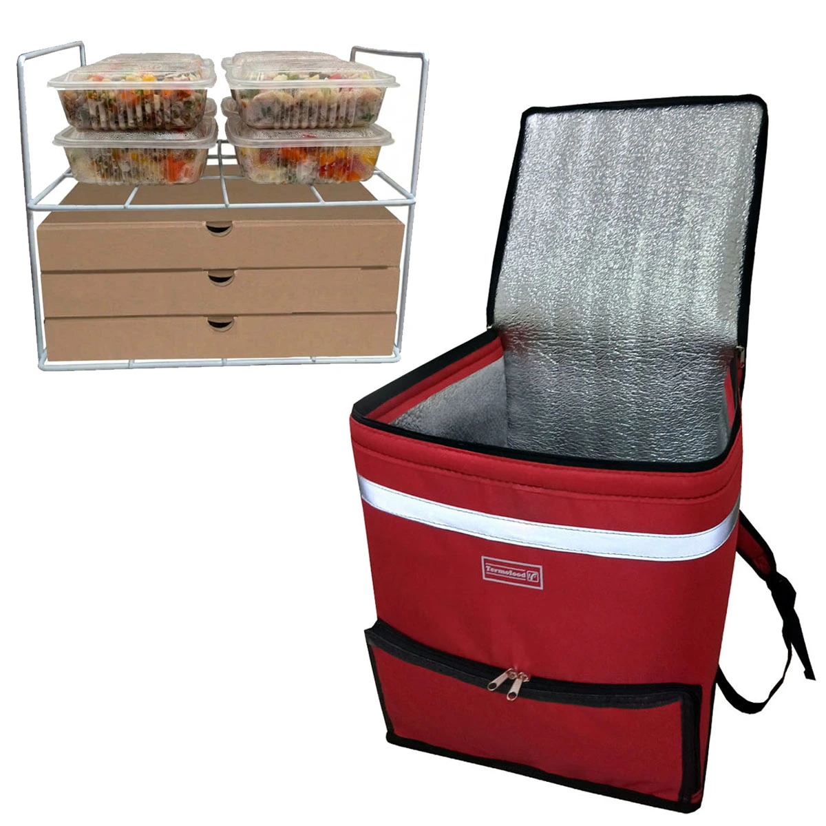 mochila termica delivery dos tapas con rejilla interior separadora de un estante