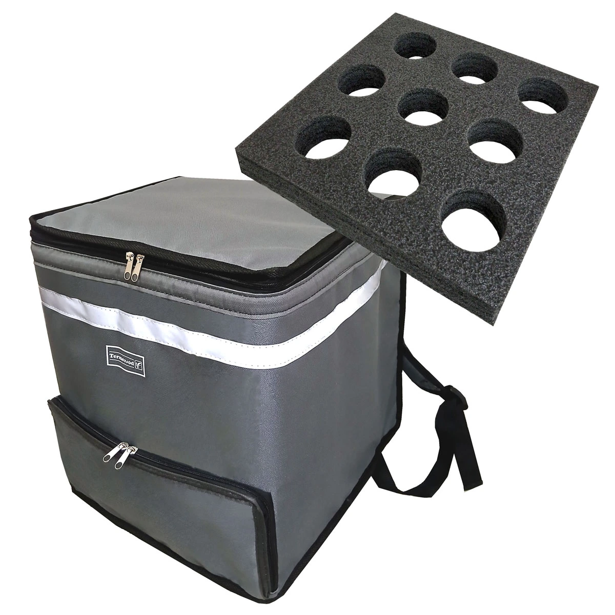 mochila termica de delivery con dos tapas mas portavasos cuadrado Termofood
